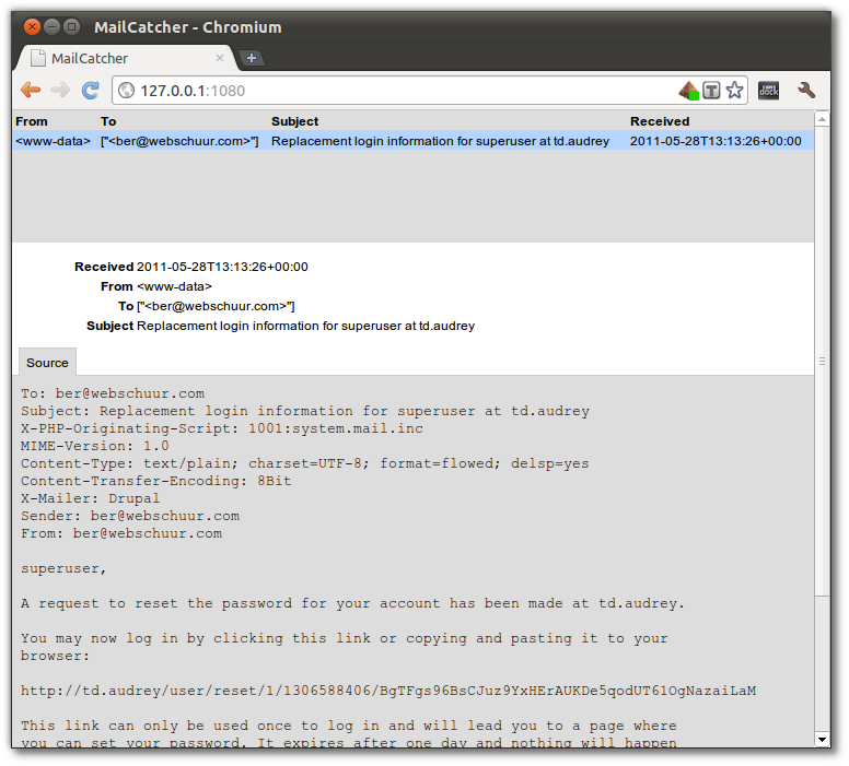 Screenshot of a Drupal password recorvery mail in Mailcatcher