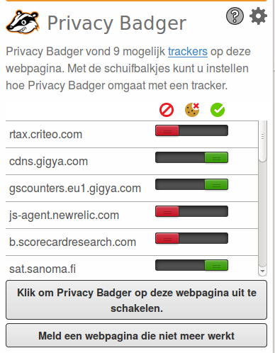 Trackers door Privacy Badger gemeld