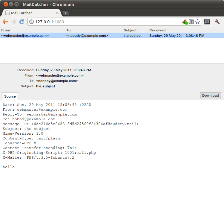 Screenshot of a Drupal password recorvery mail in Mailcatcher