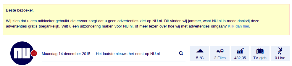 NU.nl verzoekt om de adblocker uit te zetten